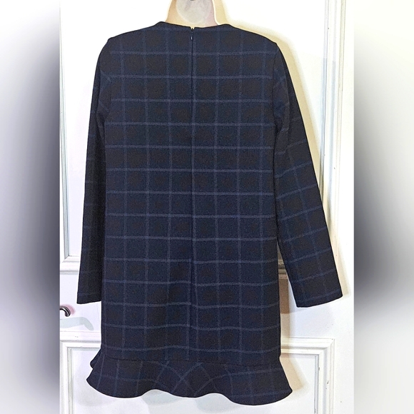 ZARA Trafaluc Collection Navy Blue Plaid Long Sleeve Ruffle Hem Dress, Large - Picture 3 of 15